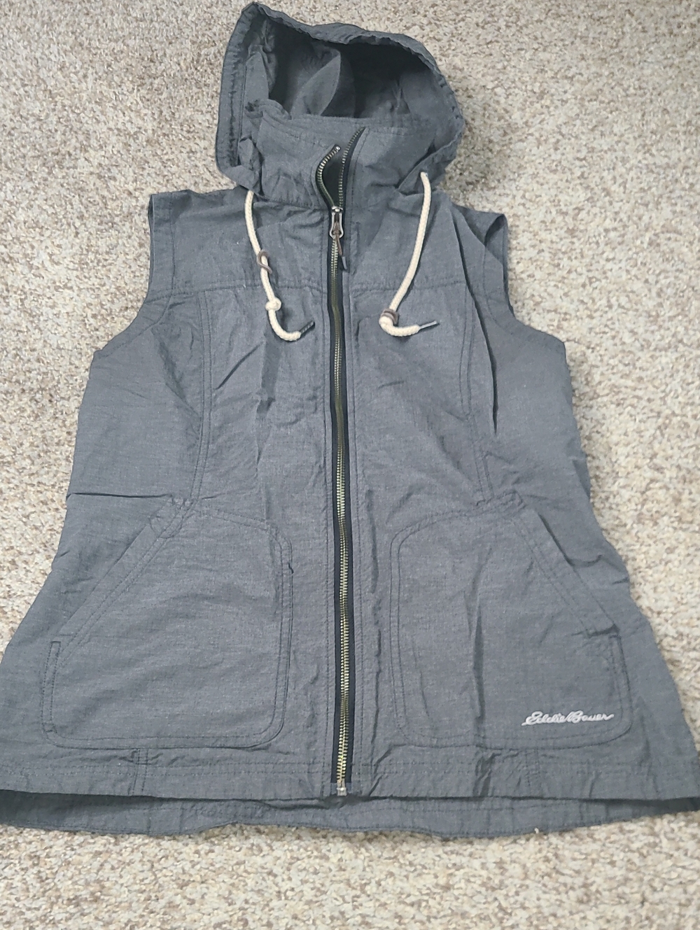 Eddie Bauer Girls Hooded Sleeveless Vest - Gray with Cream Drawcords